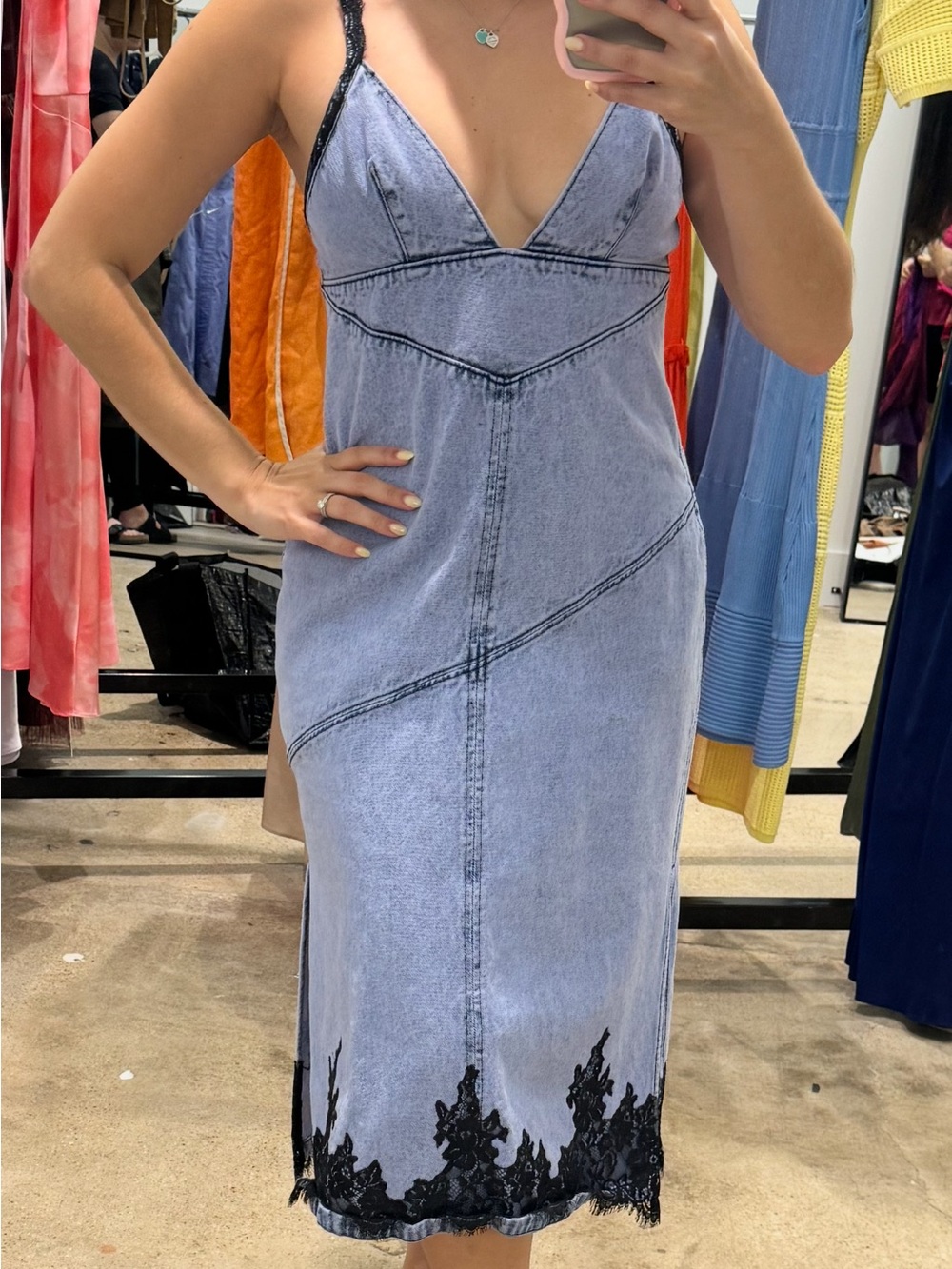 3.1 Philip Lim Light Blue Denim Midi Slip Dress with Black Lace Trim
